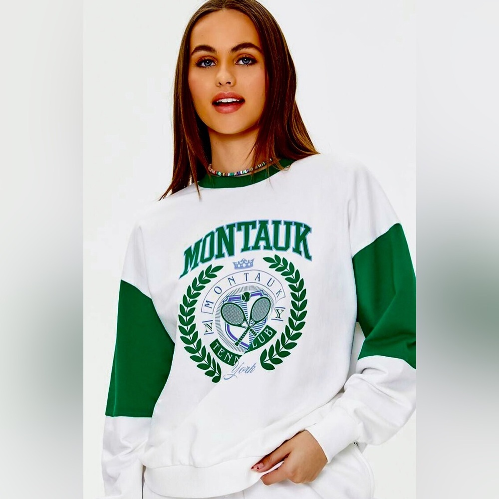 New Forever 21 sweatshirt pullover top sweater white cream green XS tennis basic